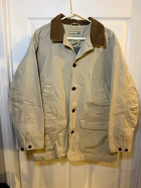 VINTAGE L.L. Bean Men's Jacket in Khaki with Brown Corduroy Collar - Picture 1 of 5